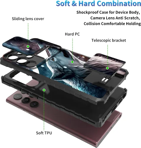 Miniatura 516 de Funda para Samsung Galaxy S22 Ultra 5G, Galaxy S22 Ultra con cubierta de cámara deslizante, funda resistente de doble capa con función atril Black