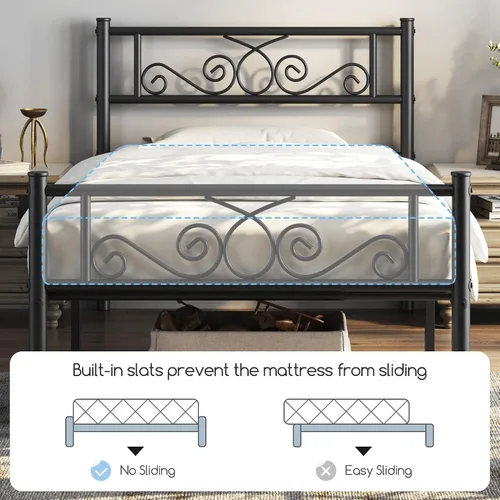 Miniatura 8 de Yaheetech - Base de cama, plataforma clásica de metal con cabecera y estribo - base de colchón con diseño floral para adultos, niñas, niños - Negro