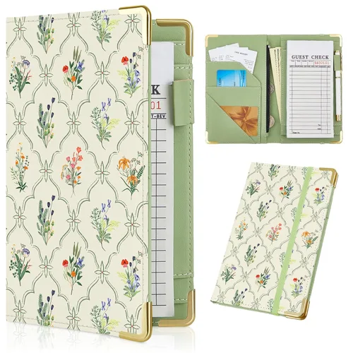 Miniatura 14 de Libros de servidor para camarera - Bonito libro de camarera con bolsillo para dinero, libro de cuero con cartera y bolsillo con cremallera. Flores a