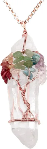 Jovivi - Collar con dije de cuarzo de cristal natural envuelto en alambre con la forma de árbol de la vida de piedras preciosas, regalo ideal para