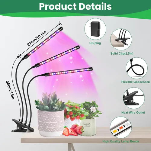 Miniatura 3 de Garpsen Luces para Plantas, Luces de Crecimiento de 3 Cabezas Rojo Azul Blanco Cálido Espectro Completo para Plantas de Interior, Luz de Crecimiento