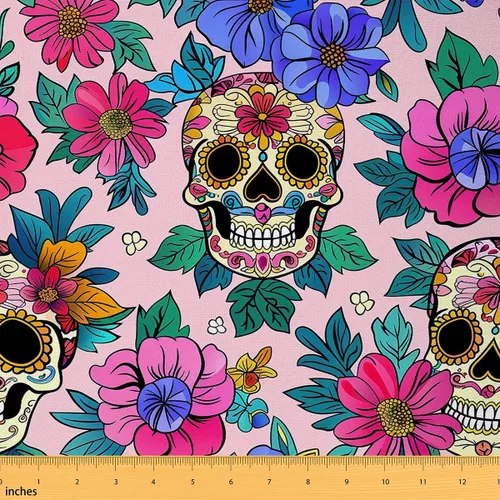 Miniatura 8 de The Yard - Tela de esqueleto de flores en acuarela para sillas, exótica, tribal, floral, estampado de calavera, tela de tapicería para artes, plumas