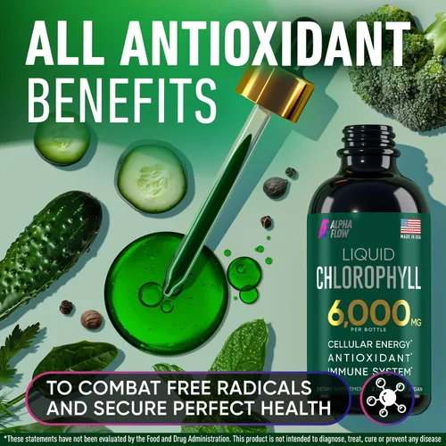 Miniatura 7 de Gotas líquidas de clorofila Alpha Flow 6000 mg - Suplemento líquido premium de clorofila - Antioxidante todo en uno para aumentar el sistema