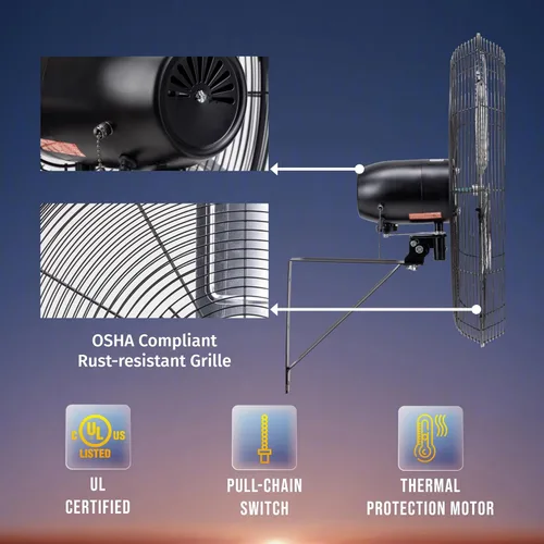 Miniatura 6 de Tornado Ventilador de pared oscilante de alta velocidad de la serie Pro de 24 pulgadas – 3 velocidades, 7200 CFM, cable de 6.6 pies – Certificado