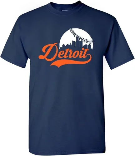 Xtreme Apparrel Cityscape Skyline - Camiseta para hombre para fanáticos del béisbol Detroit - Camisa azul marino