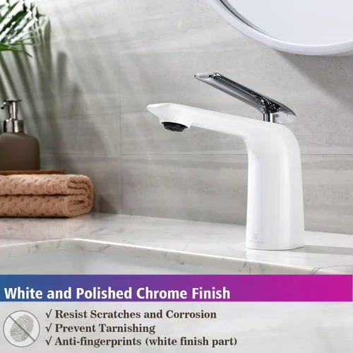 Miniatura 2 de TOCALOCA Grifo de lavabo de baño cromado blanco y pulido, grifo mezclador de agua fría y caliente, grifo de lavabo de una sola palanca Blanco