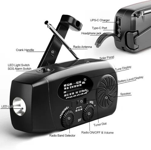 Miniatura 4 de Radio meteorológica NOAA con manivela solar de emergencia con AM/FM, cargador de teléfono USB de 2000 mAh y 3 linterna LED, alarma SOS para Negro
