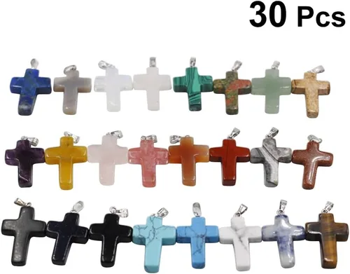 Miniatura 8 de 30 dijes de piedra de color con cruz de piedra preciosa, dijes de cuarzo cruzado sin cadena, suministros para hacer joyas, collares y aretes