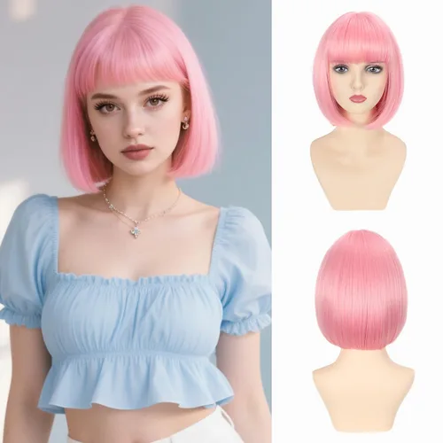 Miniatura 14 de Peluca Bob Marrón Ceniza con Flequillo, Peluca Corta y Lisa para Mujeres y Niñas, 12 Pulgadas, Resistente al Calor, Peluca de Cabello Bob Sintético
