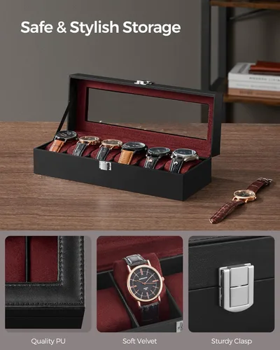 Miniatura 3 de SONGMICS Caja de reloj, caja de reloj de 6 ranuras con tapa de vidrio grande, almohadas extraíbles para reloj, organizador de caja de reloj, regalo