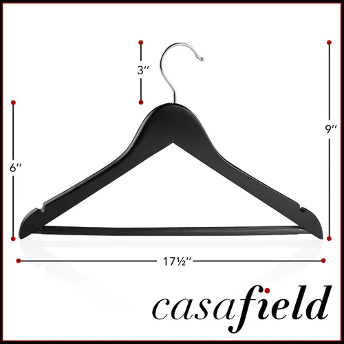 Miniatura 5 de Casafield - 40 Perchas de Madera Negra para Trajes - Madera de Loto Premium con Muescas y Gancho Giratorio Cromado para Ropa de Vestir, Abrigos