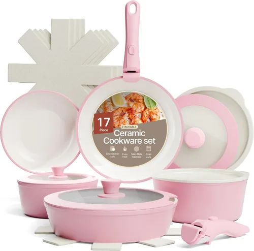 Miniatura 10 de Juego de ollas y sartenes antiadherentes de cerámica de granito – 15 piezas de utensilios de cocina con asas desmontables, apilables, ahorro