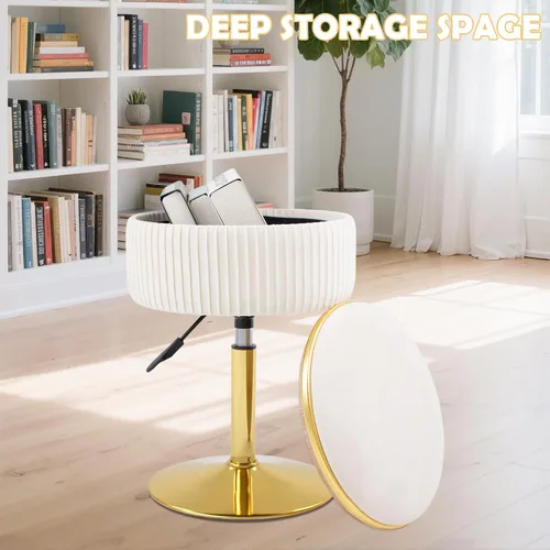 Miniatura 3 de Taburete de tocador ajustable con almacenamiento, silla taburete de maquillaje giratorio de 360°, otomana redonda pequeña de terciopelo con base