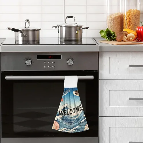 Miniatura 6 de Toallas colgantes para cocina con punta de dedo para baño, bienvenida, pescado, japonés, retro, impreso, bienvenida, lápiz de pescado