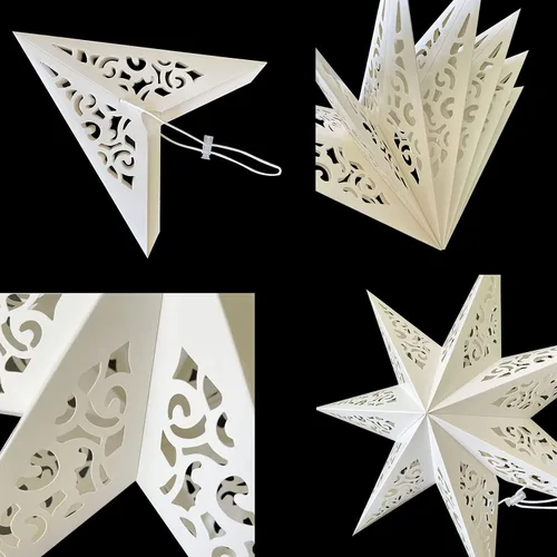 Miniatura 7 de Lámpara de estrella de papel hueca con diseño de estrella colgante para decoración de bodas, Navidad, festividades, cumpleaños, celebración (Blanco)
