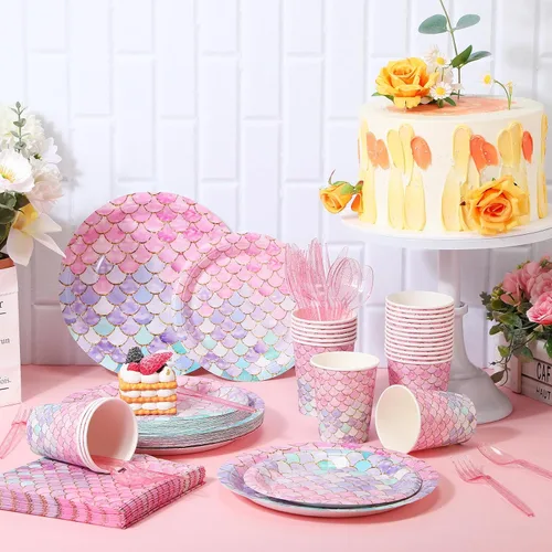 Miniatura 3 de SiliFine 336 piezas de decoración de fiesta de cumpleaños de sirena, suministros de platos de papel de sirena y servilletas, vasos de papel