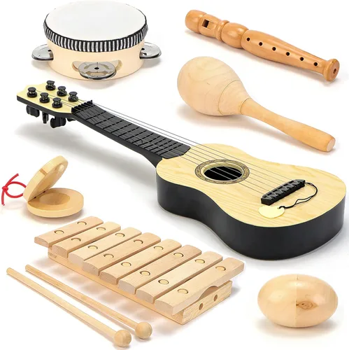 Instrumentos musicales de madera para niños pequeños, juego de música para niños de 7 piezas con xilófono, guitarra y percusión | Madera natural, no