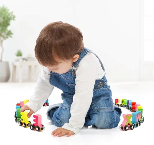 Miniatura 2 de Wondertoys - Tren de juguete de madera del alfabeto con 27 piezas, juego de tren magnético de madera del alfabeto ABC