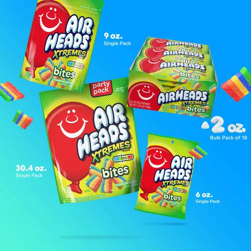 Miniatura 9 de Airheads Dulces, Xtremes Bites Sweet and Sour, Rainbow Berry, fiesta, concesiones, oficina, no se derriten, 2 onzas (paquete a granel de 18)