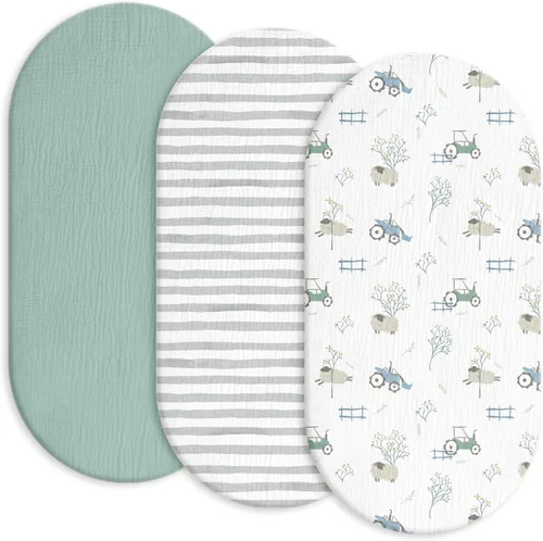 Miniatura 20 de Gllquen Baby Sábanas de Muselina para Moisés Paquete de 3, Sábanas Ajustadas de Algodón Transpirables Elásticas y Acogedoras para Colchón de Moisés