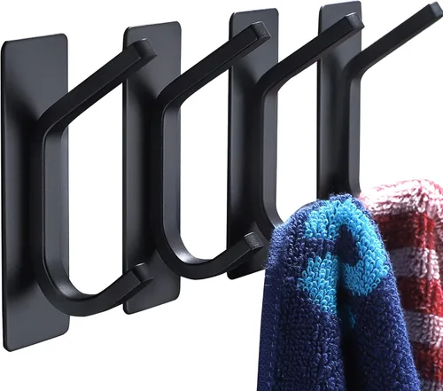 YIGII Ganchos adhesivos para toallas, ganchos de pared negros para baño y cocina, ganchos resistentes, paquete de 4, acero inoxidable