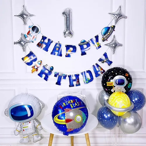 Miniatura 2 de Cartel de feliz cumpleaños de astronauta de la nave espacial para niños, decoración de fiesta de cumpleaños, color azul