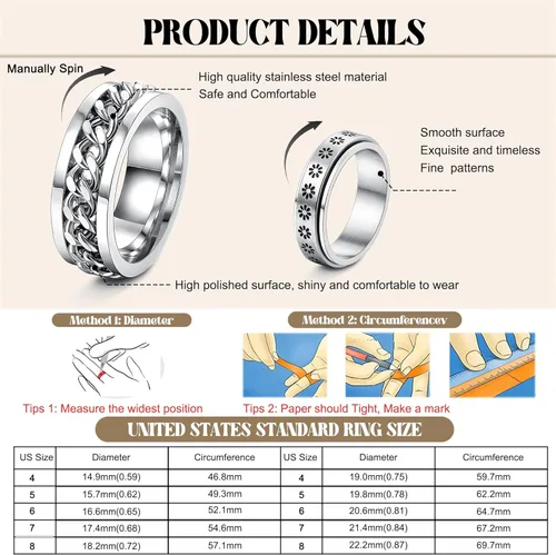 Miniatura 2 de FASACCO 12 piezas de anillos de ansiedad para hombres y mujeres - Anillos giratorios para aliviar la ansiedad y el estrés, con flores, luna