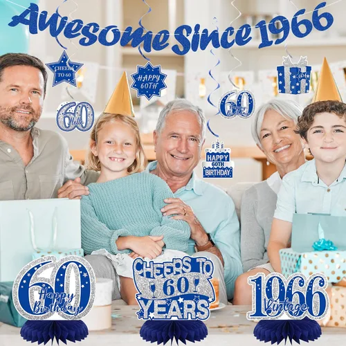 Miniatura 5 de Crenics Decoraciones azules de 60 cumpleaños para hombres o mujeres – Cartel de feliz cumpleaños 60, pancarta impresionante desde 1966, centros