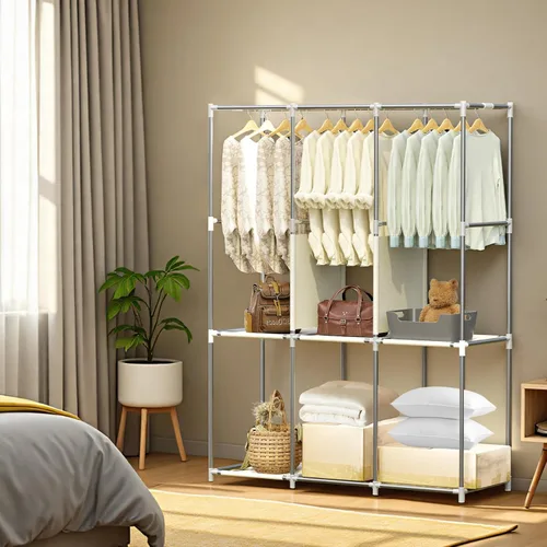 Miniatura 9 de BAOKALER Armario portátil, armarios portátiles para colgar ropa con 3 varillas para colgar y 6 estantes de almacenamiento, cubierta de tela