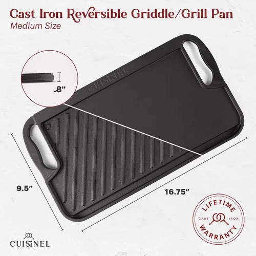 Miniatura 2 de Cuisinel Parrilla de hierro fundido + rascador/limpiador, reversible, pre-sazonado, de 16.75 x 9.5 pulgadas, sartén plana de doble mango y sartén