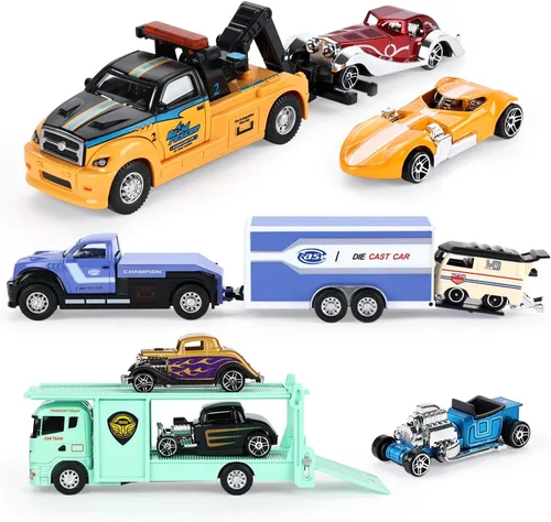 Miniatura 7 de haomsj Juguetes de coche para niños, 9 piezas, camión de remolque de juguete y vehículo de transporte urbano, camión de transporte con autos