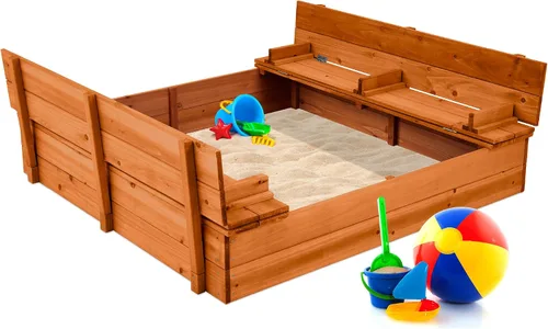 Best Choice Products Caja de arena de madera para niños para exteriores, grande, madera de cedro con asientos plegables y protección de arena, forro