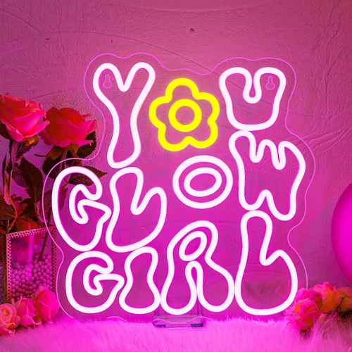 WLHOPE Letrero de neón con luces LED de color rosa para decoración de pared con texto en inglés "You Glow Girl", letreros de luz de neón para B-You