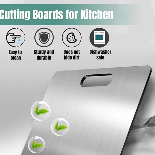 Miniatura 5 de Tabla de cortar de acero inoxidable 304 para cocina, tabla de cortar de doble cara con mango para carne, verduras, frutas y pan, fácil de limpiar