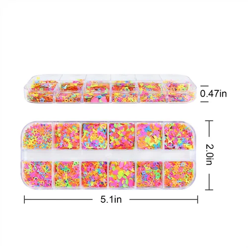 Miniatura 6 de Juego de 12 cuadrículas coloridas con diseño de corazón para uñas, lentejuelas con purpurina 3D, holográfico, paquete mixto, diseños de letras