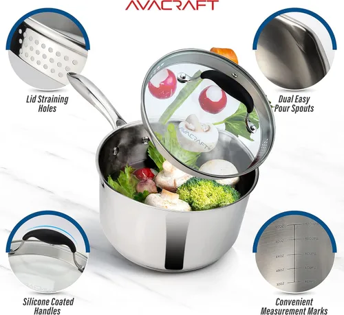 Miniatura 4 de AVACRAFT Cacerola de acero inoxidable con tapa coladora de vidrio, dos picos laterales para verter fácilmente con mango ergonómico, olla multiusos