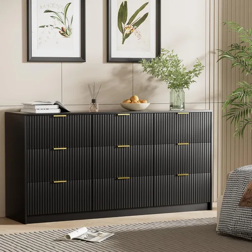 Miniatura 4 de Furniway - Cómoda color negro para habitación, moderna, 9 cajones y deslizadores suaves, cómoda ancha con jaladeras doradas para sala o armario