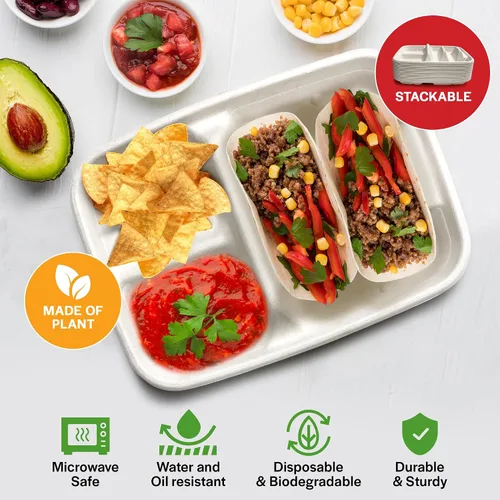 Miniatura 5 de Platos desechables blancos para tacos para 2 tacos y 2 lados – Paquete de 25 Platos de papel de primera calidad con divisores, soporte para tacos