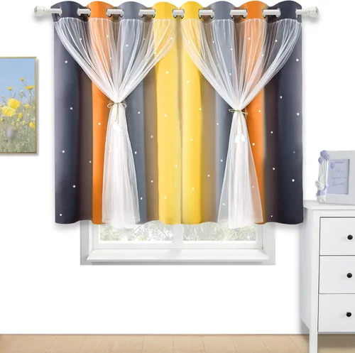 Miniatura 18 de Cortinas Opacas con Corte de Estrella Arcoíris para Dormitorio de Niñas - Doble Capa con Ojales Superiores para Sala de Estar, 2 Paneles