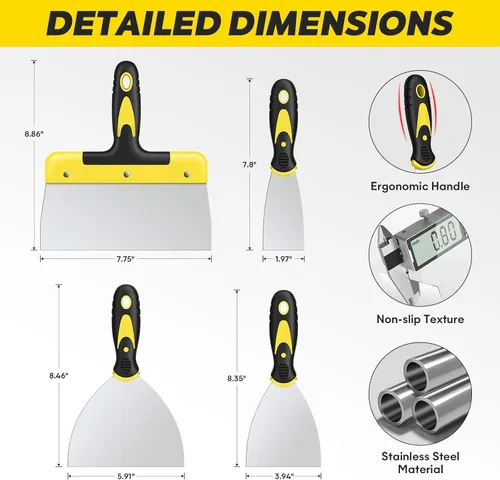 Miniatura 2 de DEKEones Juego de Espátulas de Masilla, 4 Piezas Raspador de Acero Inoxidable Herramienta de Pintura con Agarre Cómodo para Reparación de Paneles