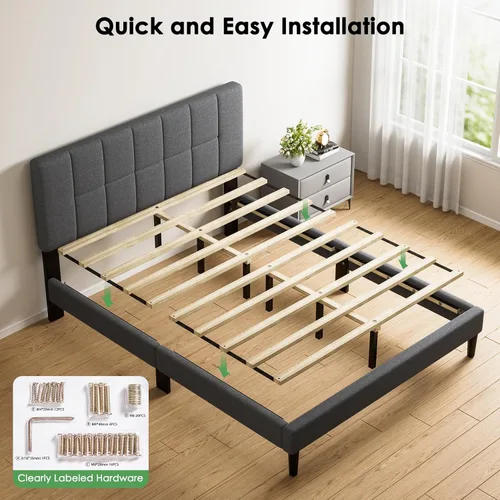 Miniatura 5 de Marsail Base de cama de tamaño matrimonial con cabecero, resistente y duradera con 12 patas de soporte, capacidad de 1300 libras, cabecera tapizada