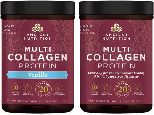 Ancient Nutrition Proteína en polvo multicolágeno sin sabor, 45 porciones + proteína de colágeno múltiple en polvo, vainilla, 45 porciones