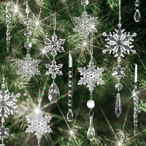 Miniatura 6 de 18 piezas de adornos de copo de nieve de cristal y carámbano para árbol de Navidad, adornos acrílicos colgantes de copo de nieve y carámbano