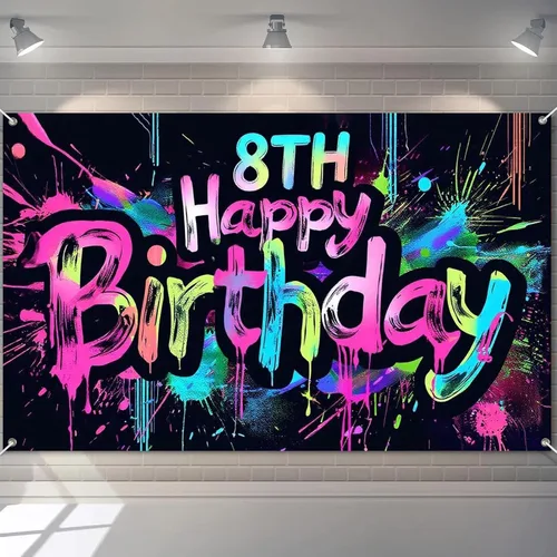 Miniatura 17 de HOMETITUTE Pancarta de Neón de Feliz 10mo Cumpleaños 71 x 43 pulgadas, Salpicadura de Pintura que Brilla en la Oscuridad, Telón de Fondo
