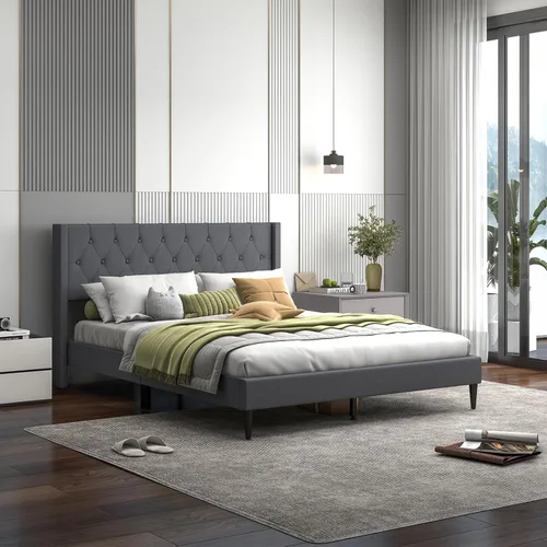 Miniatura 11 de Giantex Base de cama de plataforma de tamaño individual con respaldo de alas, base de cama tapizada de tela con cabecera capitonada con botones