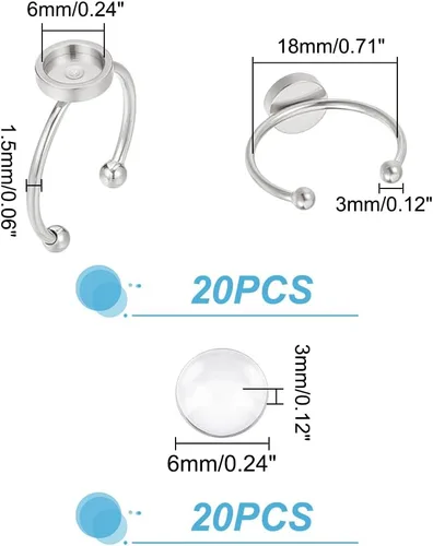 Miniatura 3 de UNICRAFTALE Juego de 20 anillos de dedo de cúpula en blanco semicircular – acero inoxidable, diseño simple y único con cabujones de vidrio