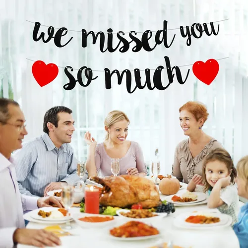 Miniatura 4 de Cartel de bienvenida para el hogar con texto en inglés "We Missed You So Much", con purpurina negra con texto en inglés "Happy Friendsgiving