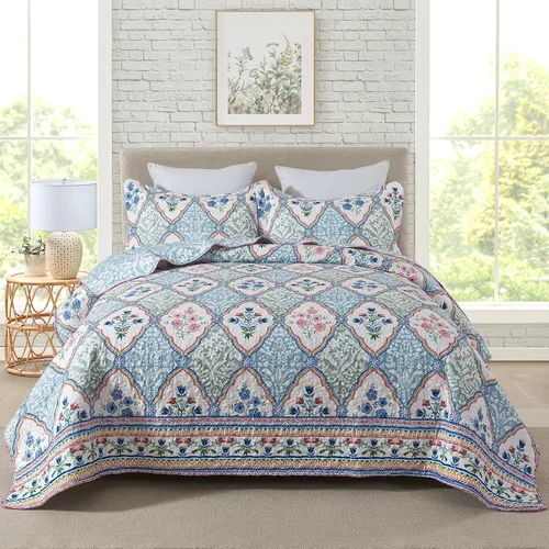 Miniatura 18 de Travan Juego de Edredón de 3 Piezas Tamaño King Colcha Acolchada Ligera Juego de Cubrecama Reversible con Estampado Floral Juego de Ropa de Cama