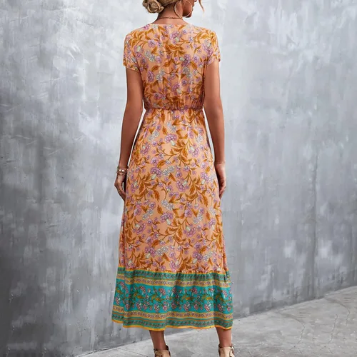 Miniatura 7 de Vestido largo casual de playa para mujer con cuello en V manga corta estilo floral