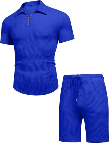 Miniatura 4 de URRU Conjunto de camisa polo y pantalones cortos para hombre trajes de verano a la moda casual manga corta traje polo para hombre 2 piezas